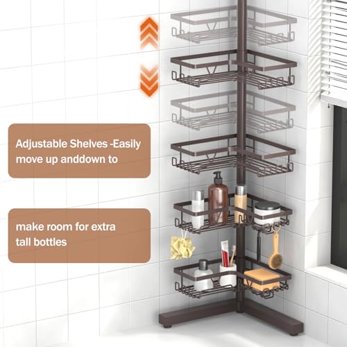 Image of KEGII Floor Corner Shower Caddy Standing, Rustproof 4-Tier Shower Shelf Organizer with Hooks & Soap Holder, Free-Standing Bathroom Storage Rack for Shampoo & Toiletries, Bronze