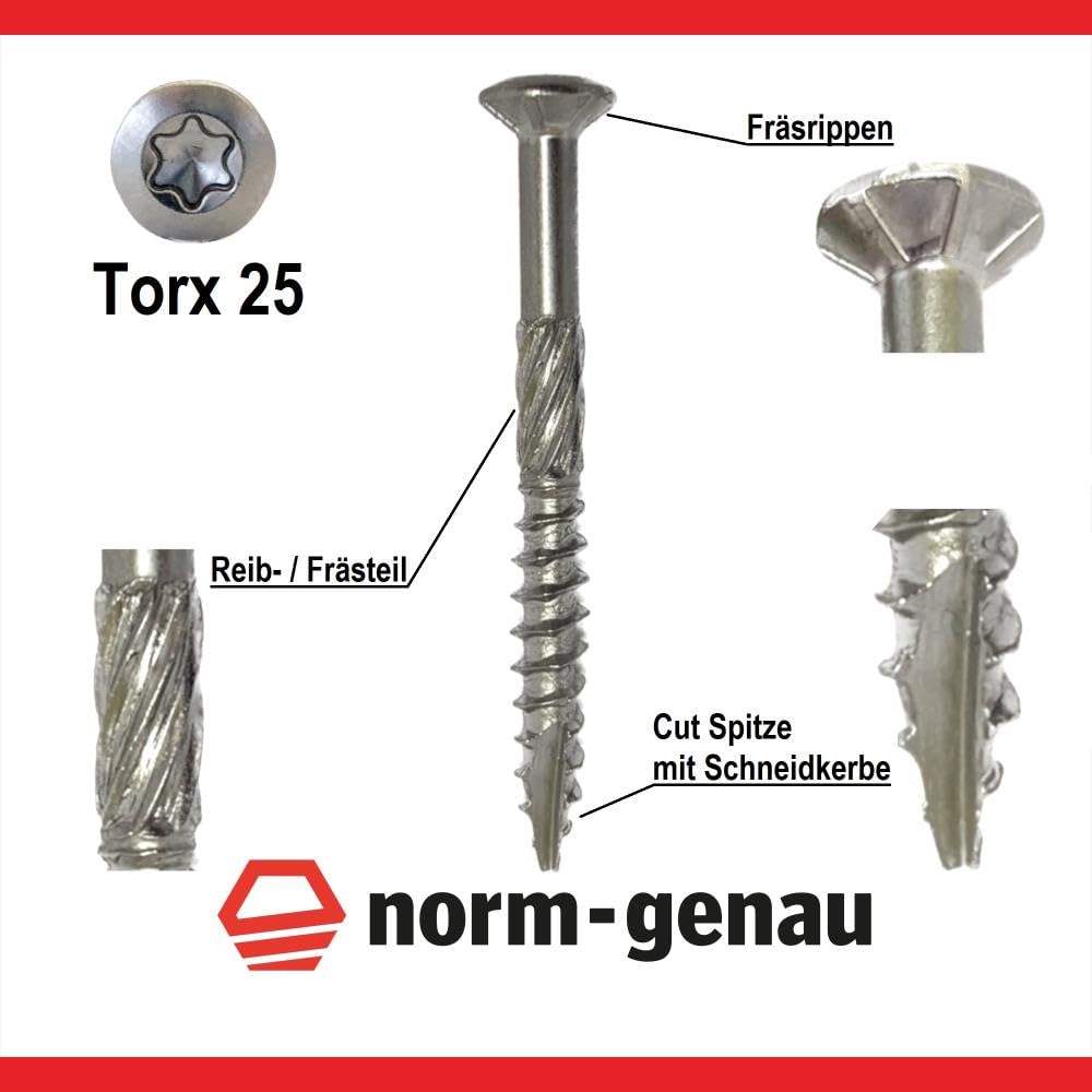 Terrassenschrauben 5 x 80 mm INOX Edelstahl gehärtet C1 – rostfreie Edelstahlschraube für Holz-Terrassen 200 Stück