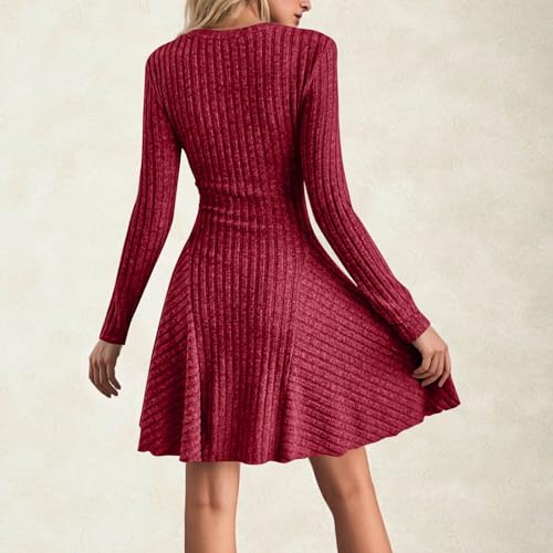 Maayoae Women's Ruffled V‑Neck 3/4 Length Sleeve Ribbed Knit Dress Flowy Flare Hem Sweater Dress - image 5