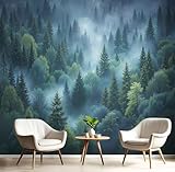 Bosque Brumoso Papel Pintado Impreso En 3D, 450×315 Cm Pared Papel Pintado, Bosque Hoja Perenne Decoración De Paredes Para Salón Dormitorio Pasillo Comedor, Verde Oscuro