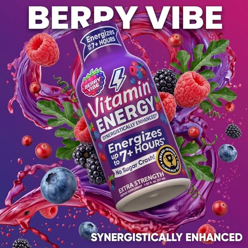 Image of Vitamin Energy Berry Vibe Extra Strength Energy Shot, 24 Pack - Up to 7 Hrs, 260mg Natural Caffeine, Zero Sugar - BCAAs + CoQ10, Focus Support, B12 B6 Niacin, 1.93 fl oz, Keto Vegan