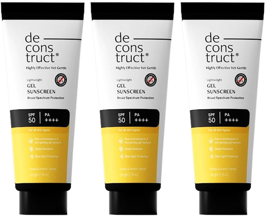 Deconstruct Face Gel Sunscreen SPF 50 + and PA+++ | Gel based sunscreen for oily, combination, acne prone & normal skin| Broad spectrum sunscreen, No White Cast, Lightweight - 50g each, pack of 3