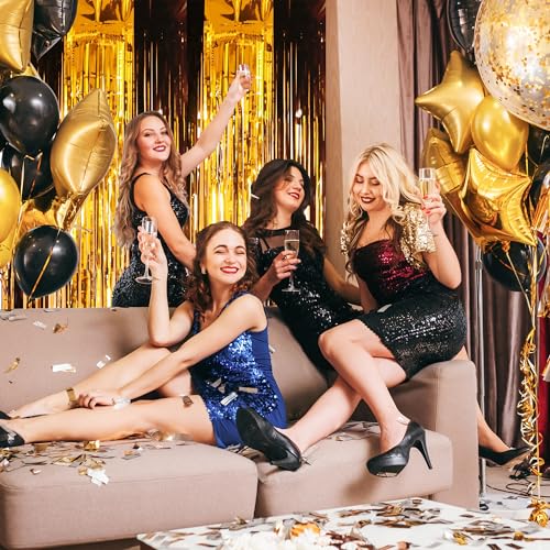 Miniatura 4 de 2 Cortinas De Oropel Negro Y Dorado Con Purpurina De 3.2 X 8 Pies, Cortina De Flecos Para Puerta, Telón De Fondo, Decoración De Fiesta De Cumpleaños Para Niñas Y Mujeres, Despedida De Soltera