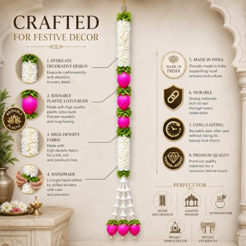 Image of Divyakosh BuilderCoach 2 Pack Decorative Door Hanging, 3 Feet (36 Inches) Each, Floral Toran with Pink Lotus Buds, White Flowers & Green Foliage, Festive Pooja, Ganpati & Entrance Decor