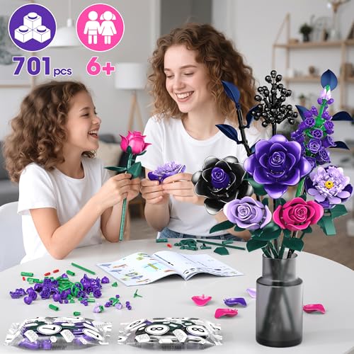 Purple Rose Building Blocks Set for Kids, 701PCS Flower Bouquet Toy, DIY Artificial Plant Gift for Girls, Women, Valentine's Day, Birthday, Mother's Day, Halloween Home Decor - Image 6