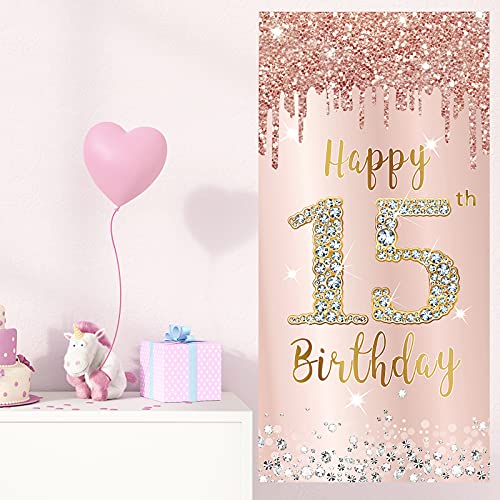 Image of Happy 15th Birthday Door Banner Decorations for Girls, Pink Rose Gold 15 Birthday Party Backdrop Door Cover Sign Supplies, Fifteen Year Old Birthday Poster Background Decor