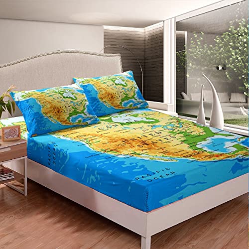Feelyou World Map Bed Sheet Set Kids Topographic Map of The World Continents Countries Oceans Mountains Bed Sheets Blue Green Fitted Sheet Decor Room Decor 3Pcs Queen Size
