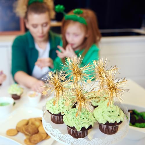 Nogeqi 20pcs Fireworks Cupcake Topper,Gold Cupcake Decorations,Sparkle Tinsel Cake Toppers,Sparklers Wedding Cupcake Topper,Firework Toothpicks for Party Props and Food Decorations(Gold)