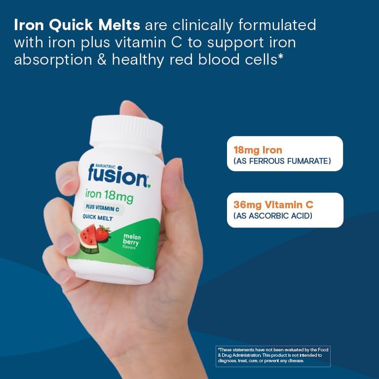 Bariatric Fusion Iron Supplement for Women Quick Melt | Sugar Free Dissolvable Chewable Iron Tablets | Ferrous Fumarate 18 mg Iron with Vitamin C | Melon Berry | Gluten, Dairy and Soy Free | 90 Count - Image 5