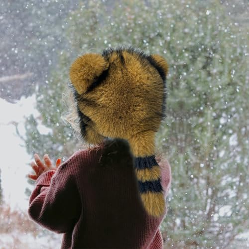 Fluffy Raccoon Hat Thermal Plush Furry Raccoon Tail Hat Faux Fur Windproof Beanie Animal Themed Costume Hat 6