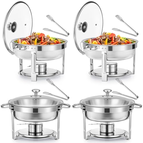 Wilprep 5,5L Rund Speisenwärmer mit Glasdeckel 4 Set Chafing Dish Set Erstklassiger 410 Edelstahl Wärmebehälter Suppenwärmer Bain Marie für Catering Buffet und Party