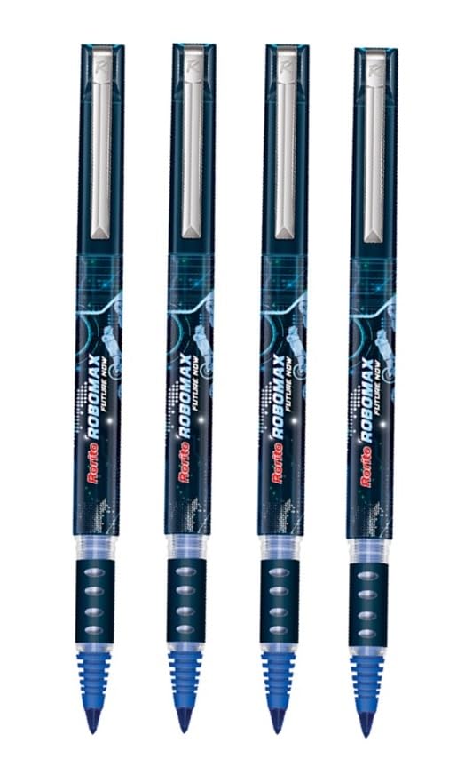 Image of Robomax Blue Roller Pens Set of 3 Pens with 4 Jumbo Refills | Hovertech Tip | Waterproof Smooth Ink | German Technology Inspired Design | Office, School & Daily Writing