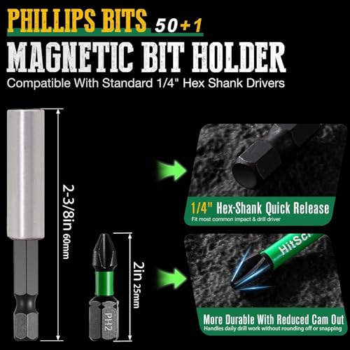 Image of 50 Pcs Phillips Bits #2 Impact 1 inch + Magnetic Bit Holder, S2 Steel Magnetic Screwdriver Bits for Impact Drivers, Home Repair & DIY Use