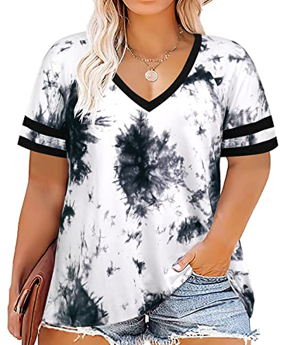 Image of CARCOS Womens Plus Size Tops Short Sleeve Shirts V Neck Tunic Floral /Tie Dye /Solid Summer Tees XL-5X