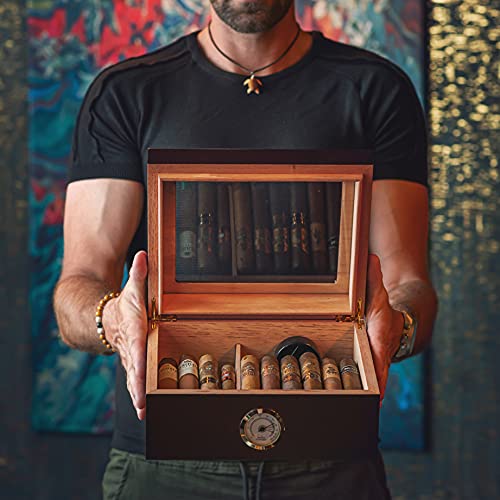 Amerigo Make It Special 𝗕𝗘𝗦𝗧 𝗚𝗜𝗙𝗧: Glasstop Handcrafted Cigar Humidor (25-50 Cigars) - Cigar Gifts For Men, Fathers Day - Cigar Accessories - Cherry Wood Humidor Cigar Box For Cigars #TOP3