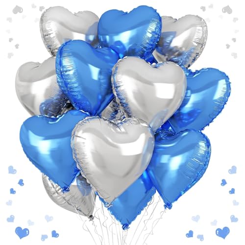 Blue Silver Heart Balloons, 18In Royal Blue and Silver Heart Shape Balloons