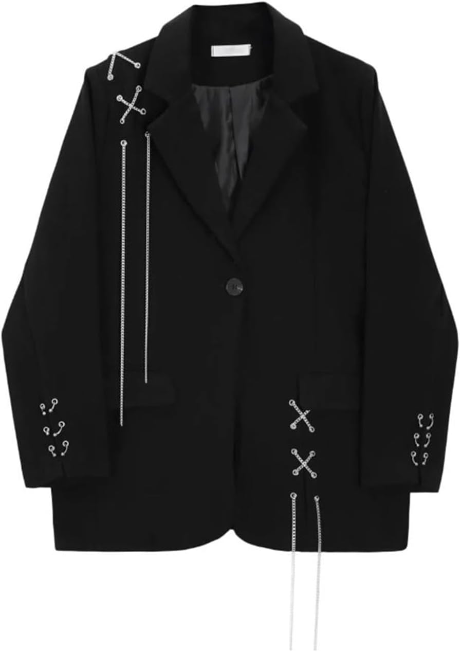 Women Black Chain Crossed Big Size Blazer Jacket Lapel Long Sleeve Coat Spring Fall