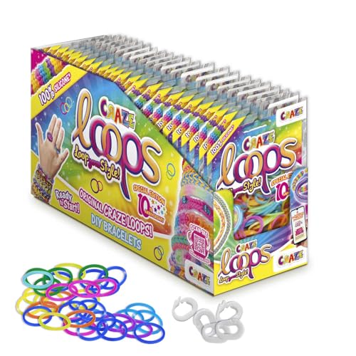CRAZE LOOPS BAG 100 XXL Set Bracelets élastiques Loom 24 x 100 Foilbag et 120 fermoirs, mélange de couleurs, silicone 100% hypoallergénique