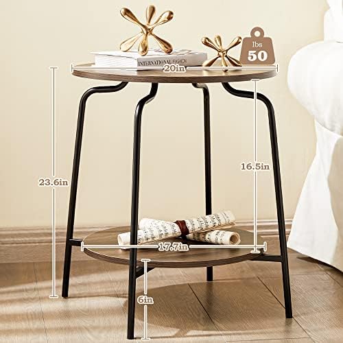 End Table - Round Storage End Bable - Small Round Side Table - Nightstand for Living Room, Bedroom, Office, 50X50X60cm, Rustic Brown and Black