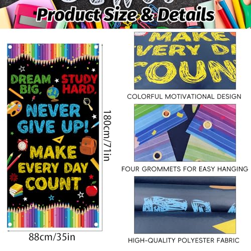 71 x 35 Inches Welcome First Day of School Motivational Door Cover Banner for Doorway Wall, Large Dream Big Never Give Up Make Every Day Count Poster Sign, Back to School Decor for Teachers Students