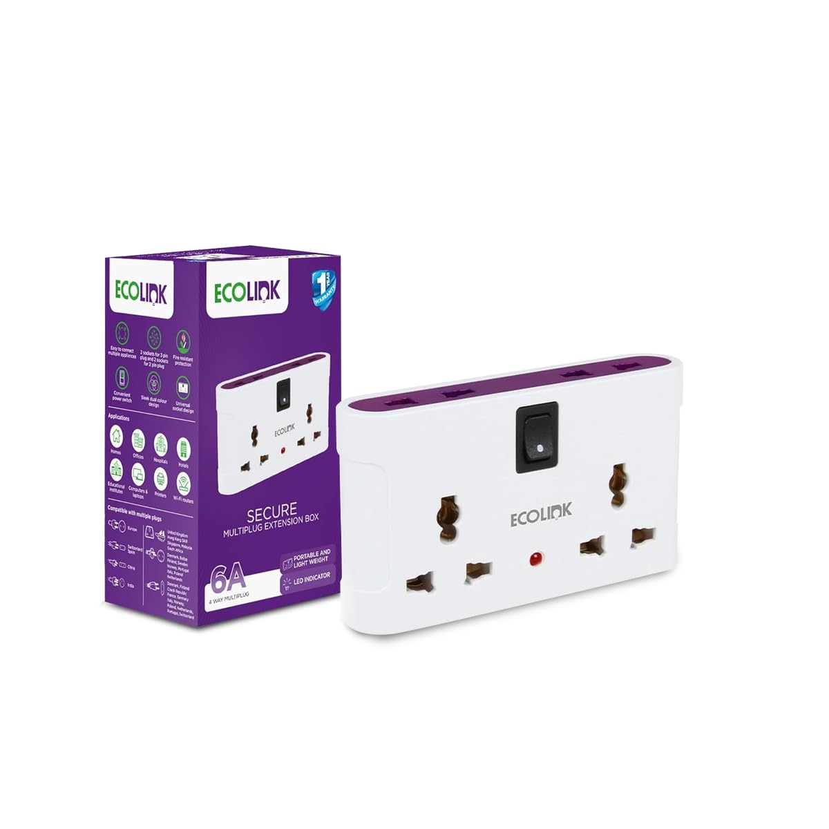 EcoLink 4 Way Multiplug 6A | Compact Power Distribution | Surge-Safe Build | Universal Sockets | for Home and Office| Pack of 1-image-19