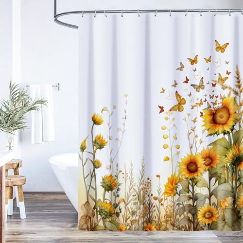 Butterfly Sunflower Shower Curtain Yellow Sunflower Bath Curtain Farmhouse Bathroom Decor Rustic Floral Fabric Decorative Shower Curtain Waterproof Bathroom Shower Curtain Set with 12 Hooks 72x72