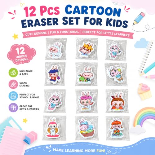 Image of Radiance Cartoon Bunny Rubber Eraser Set, Pack of 12, Random Design, for School, Drawing & Sketching, Return Gifts (Random Design)