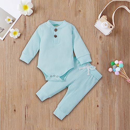 Infant Baby Boys Girls 2-Piece Outfits Rib-Knit Buttons Tops Jogger with Drawstring Set Sweater Sweatpants Fall Winter2