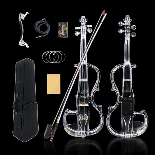 WUQIMUSC - Violín eléctrico de tamaño 4/4, cuerpo de vidrio acrílico transparente, 3 colores, luz...