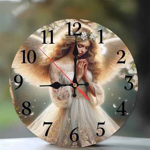 Jinmer Horloge Murale en Bois Ronde 25 cm Motif Prière aux Anges, Cuisine, Salon, Horloge Décorative Silencieuse, sans Tic-Tac, Fonctionne à Piles, Décoration...
