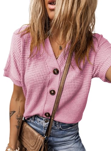 Image of Dokotoo Womens Summer Tops 2026 Waffle Knit Button Down Shirts Casual V Neck Short Sleeve Shacket Jacket Dressy Blouses