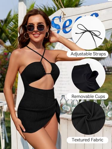 SHEKINI Women's One Piece Swimsuit Sexy Criss Cross Halter Cutout Bathing Suit with Cover Up Tummy Control Swimwear3