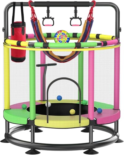 Trampoline for Kids, Full Anti-Rust 440lbs Anti-Rollover Round Bottom Toddler Trampoline, T-handrail Adjustable Baby Toddler Trampolines Dart Board