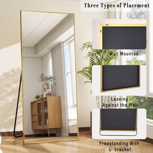 Image of BEAUTYPEAK Full Length Mirror, 58 inchx14 inch Standing Hanging or Leaning Against Wall Floor Mirrors Body Dressing Wall-Mounted for Living Room, Bedroom with Aluminum Alloy Thin Frame, Gold