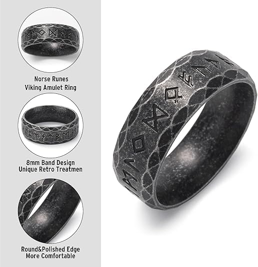 Image of squishy Titanium Ring for Men, Viking Rune Engraved Ring for Men, Nordic Mythology Inspired Jewelry, Unisex Viking Jewelry for Daily