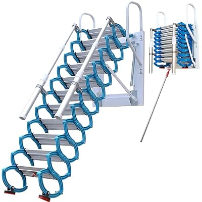 Attic Ladder Pull Down System with Telescopic Armrests, Wall Mounted Attic Ladder Foldable, Titanium-Magnesium Alloy Telescoping Pull Down Stairs for Attic Roofs, Loading 1350lb (Blue)