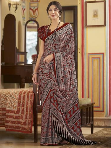 Image of SAREE MALL Women's Ajrkh Print Satin Crepe Polka Dot Printed Saree With Unstitched Blouse Piece