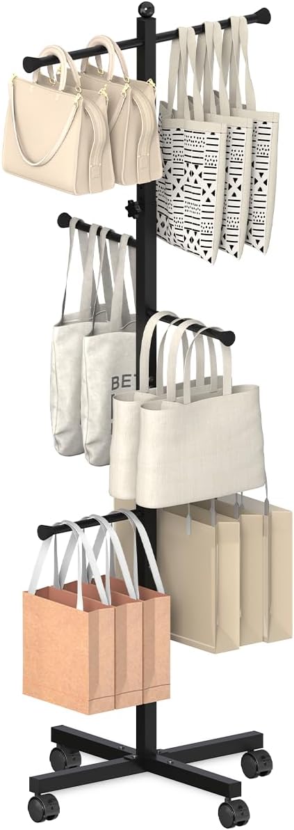 60-66 Inch Adjustable Shopping Bag Rack with Wheel, Heavy Duty Metal T-shaped Grocery Bag Holder for Retail Stores, Large Bag Display Stand for Malls,Vendor,Boutique,Trade Show, 6 Arms,Black