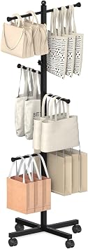 60-66 Inch Adjustable Shopping Bag Rack with Wheel, Heavy Duty Metal T-shaped Grocery Bag Holder for Retail Stores, Large Bag Display Stand for Malls,Vendor,Boutique,Trade Show, 6 Arms,Black