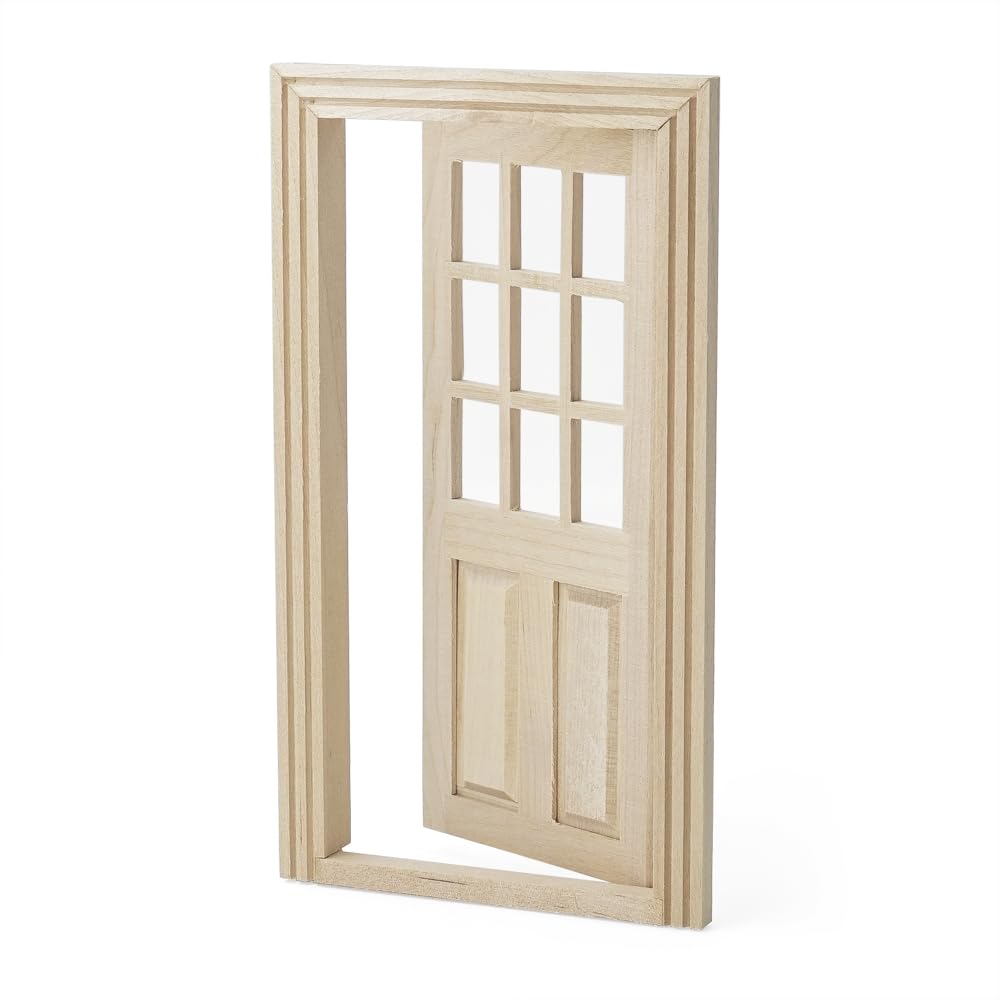 Odoria Dollhouse Lattice Door Miniature: 1/12 Scale Front Doors Glass Panel for Elf Fairy Garden Outdoor - Tiny Modern Furniture Building Model - Mini Entry Gate Unfinished Wood, Inswing