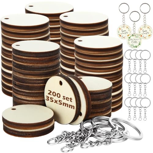 AKOLAFE 200 llaveros en blanco de 35 mm, llaveros de madera en blanco, discos redondos de madera con agujeros para manualidades, kit de fabricación de llaveros preperforados para manualidades, pintura
