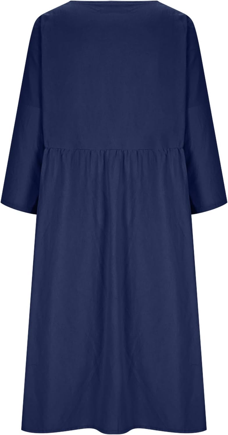 Womens Summer Cotton Linen T Shirt Dress Casual Loose Dresses V Neck Button Up Dress 3/4 Sleeve Maxi Dresses with Pockets - Image 6