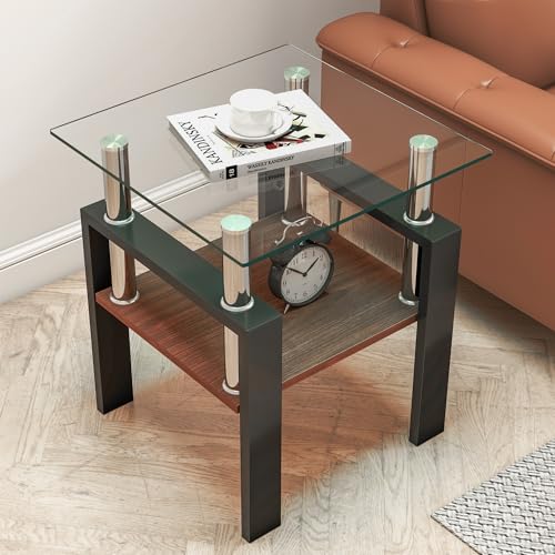 Image of Meihua Glass End Table, Square Glass Side Table, 2-Tier Modern Nightstand with Metal Legs for Living Room&Bedroom (Transparent+Brown, Set of 2)
