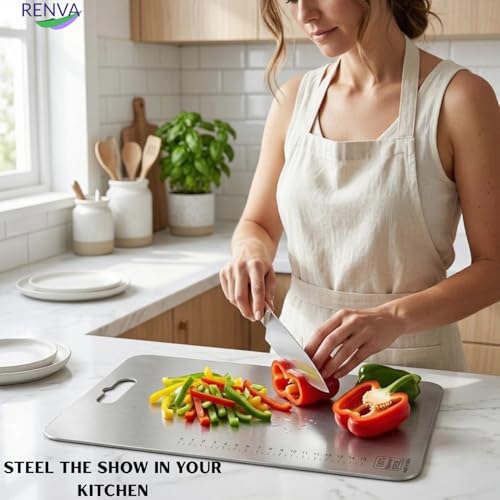 Image of RENVA Stainless Steel Cutting Boards for Kitchen, Double Sided Food-Grade 304 Chopping Board for Meat, Fruit & Vegetable, Rust Resistant Hangable Cutting Board(36x25 cm Silver)