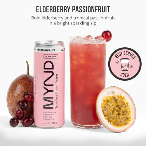 Image of MYND Sparkling Protein Water, Clear Protein Drink - 20g Whey Protein Isolate Per Can, 12 Pack - Lactose Free, Gluten Free, No Added Sugar - Ready-to-Drink Carbonated Protein - Elderberry Passionfruit