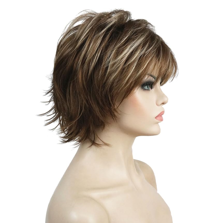 Condition photo showing New/Like New for wiginway women's wig light brown highlights fluffy short straight layered hair synthetic wigs (12tt26) 12tt26 light brown highlights