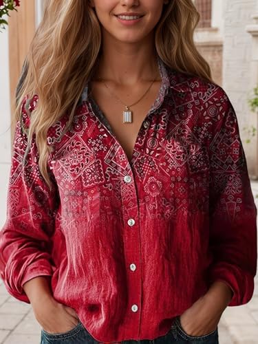 Floral Linen Shirt for Women Spring Summer Boho Front Button Down Tops Vintage Casual Long Sleeve Oversized Top Tees2