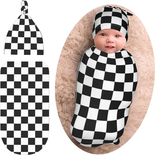 Image of Black White Checkered Baby Swaddle Blanket Beanie Set, Soft and Stretchy Checkered Newborn Blanket Sleep Sack Gift for Boy and Girl