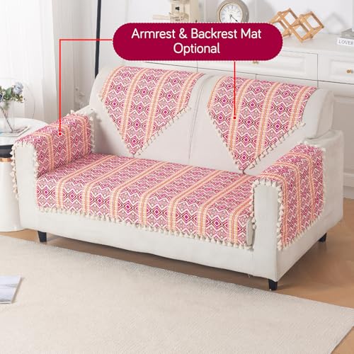 Image of HOKIPO Sofa Cover Mat with Tassel for 2 Seater Sofa | 300 GSM Thick Cotton Acrylic Jacquard Fabric,'Trivana Series' Cherry Red (IN-934-J8*S)