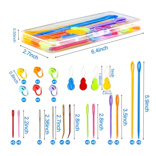 Image of 56PCS Yarn Needle Set with Large Eye Plastic Needles, Bent Tapestry Needles, Darning Needles, Threaders, Stitch Markers and Storage Box for Crochet, Knitting and Sewing